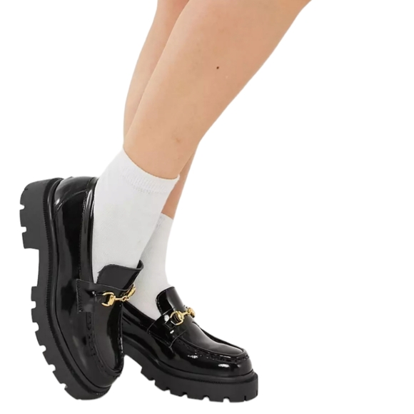 Shoes - Classic metal buckle Bee embroidery Chunky black Loafers on a platform Size 8